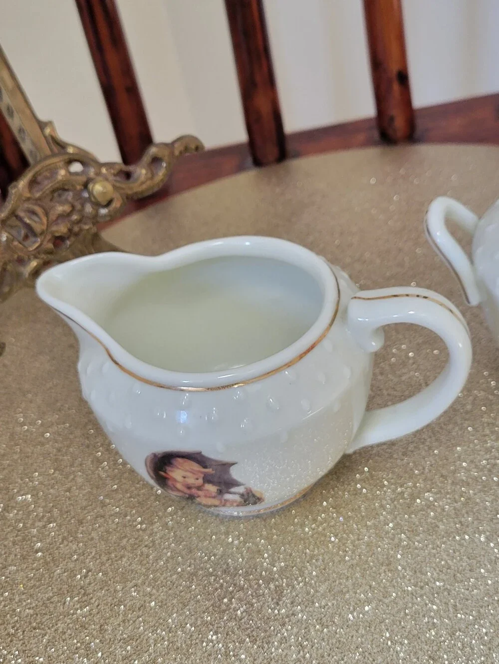 M.J. HUMMEL 'UMBRELLA BOY' CREAMER & SUGAR W UMBRELLA LID DANBURY MINT PORCELAIN